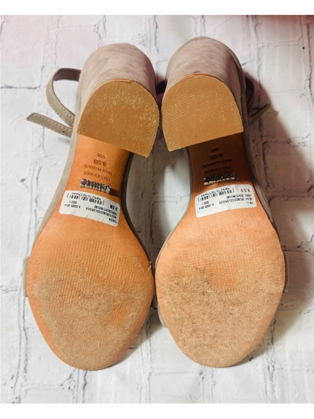 Schutz Enida Block Heel Ankle Strap Shoes Taupe Lightwood Suede Size 8.5B - Picture 11 of 12